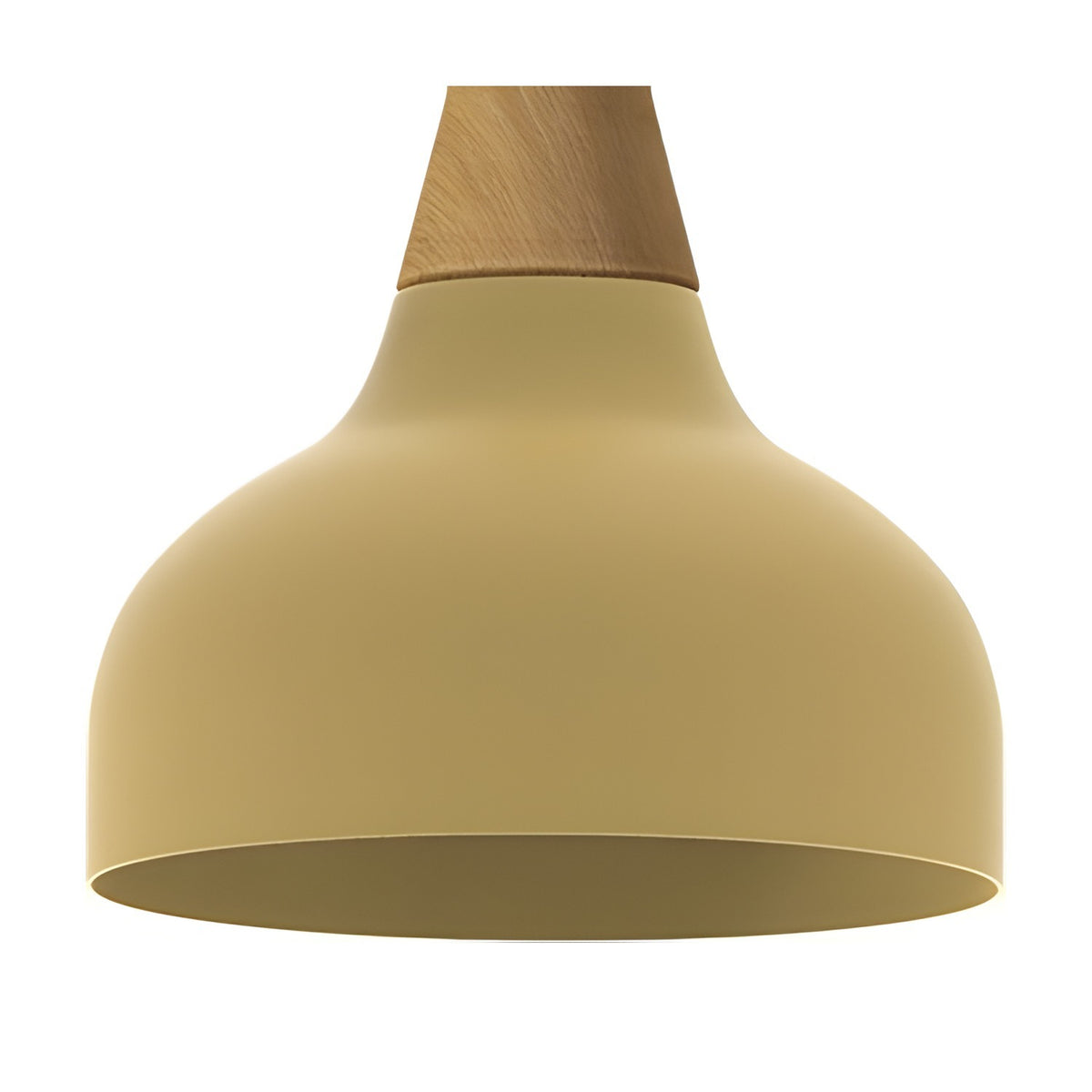 Reiko Cone Pendant Light with Wood Base in yellow, featuring a rounded aluminium shade with a wide open rim and a tapered natural wood top, shown on a plain white background.