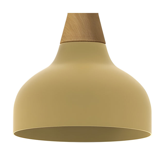 Reiko Cone Pendant Light with Wood Base in yellow, featuring a rounded aluminium shade with a wide open rim and a tapered natural wood top, shown on a plain white background.