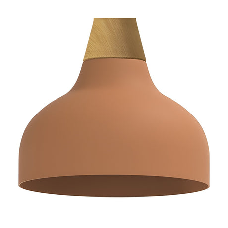 Reiko Cone Pendant Light with Wood Base in terracotta, dome-shaped aluminium shade tapering to a natural wood neck, shown on a plain white background.