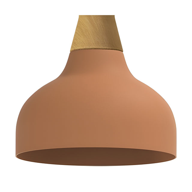 Reiko Cone Pendant Light with Wood Base in terracotta, dome-shaped aluminium shade tapering to a natural wood neck, shown on a plain white background.