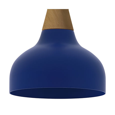Reiko Cone Pendant Light with Wood Base in Blue, showing a rounded aluminium dome shade with a tapered natural wood neck, set against a plain white background.