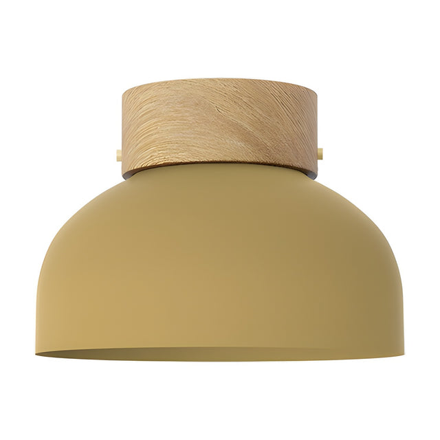 Reiko Dome Flush Ceiling Light with Wood Base in yellow, aluminium dome shade with natural ash wood ceiling mount, single E27 fitting, shown on a plain white background.