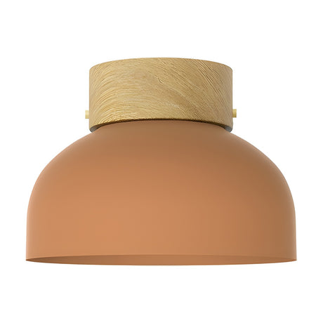 Reiko Dome Flush Ceiling Light with wood base, featuring a smooth terracotta aluminium dome shade and cylindrical natural ash wood ceiling mount, shown on a plain white background.