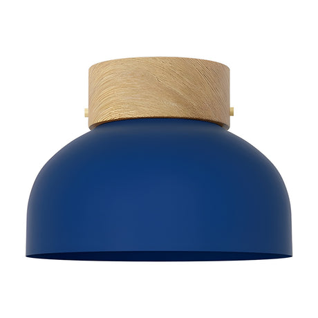 Reiko Dome Flush Ceiling Light with a rounded blue aluminium shade and natural ash wood base, shown against a plain white background.