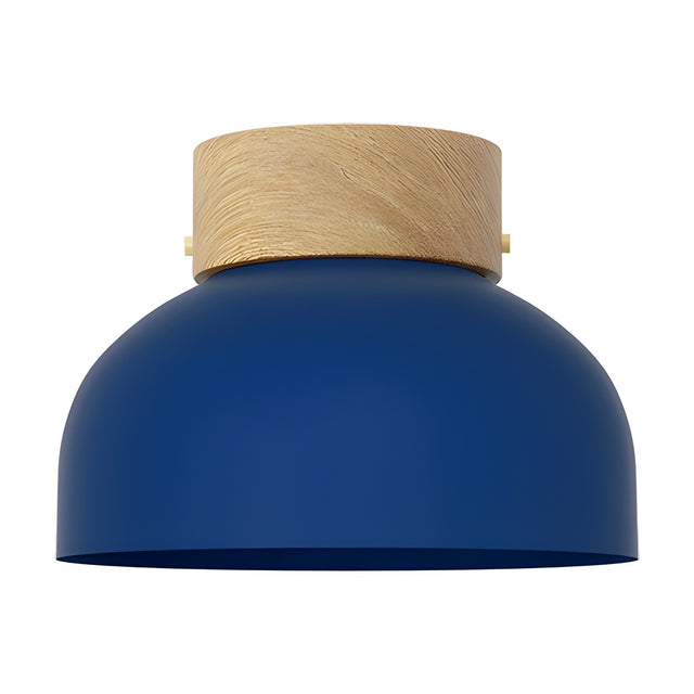 Reiko Dome Flush Ceiling Light with a rounded blue aluminium shade and natural ash wood base, shown against a plain white background.