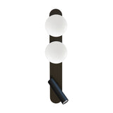 Bubble Opal Globe Wall Light with Reading Light in matt black, featuring two round opal glass globes and a slim adjustable reading light on a tall backplate, shown on a plain white background.