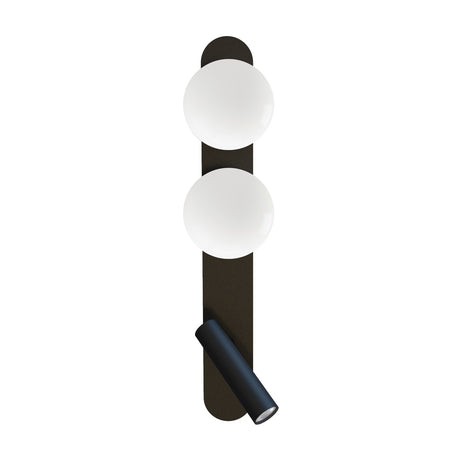 Bubble Opal Globe Wall Light with Reading Light in matt black, featuring two round opal glass globes and a slim adjustable reading light on a tall backplate, shown on a plain white background.