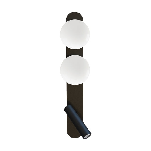 Bubble Opal Globe Wall Light with Reading Light in matt black, featuring two round opal glass globes and a slim adjustable reading light on a tall backplate, shown on a plain white background.
