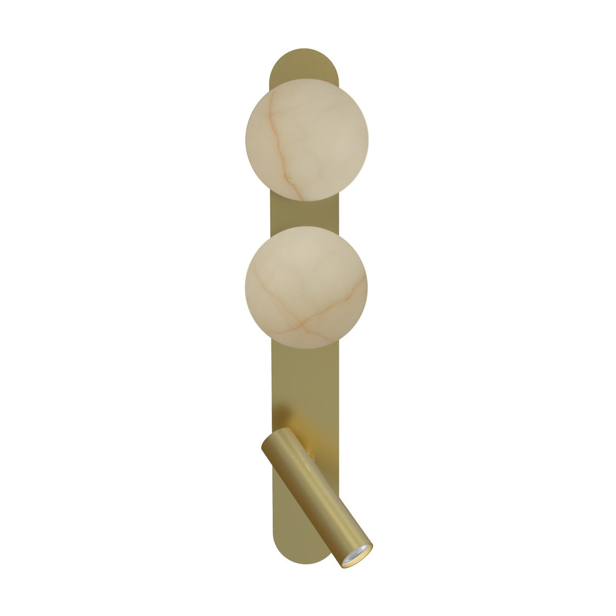 Bubble Alabaster Globe Wall Light with Reading Light in Gold, featuring two round alabaster globes and an adjustable iron reading light on a tall gold backplate, shown on a plain white background.