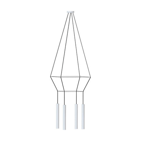 Rose Square 4 Light Cluster Chandelier in matt white, with a geometric wire frame tapering from a round ceiling canopy to four slim cylindrical tube shades, shown on a plain white background.