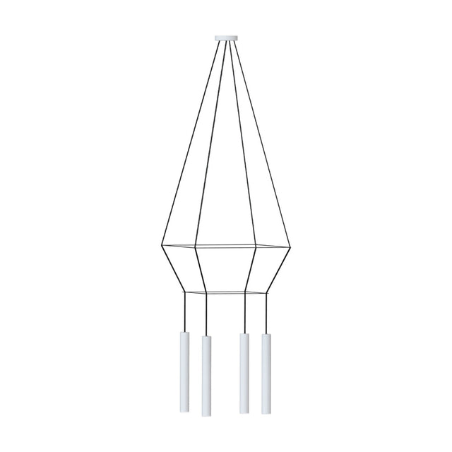 Rose Square 4 Light Cluster Chandelier in matt white, with a geometric wire frame tapering from a round ceiling canopy to four slim cylindrical tube shades, shown on a plain white background.