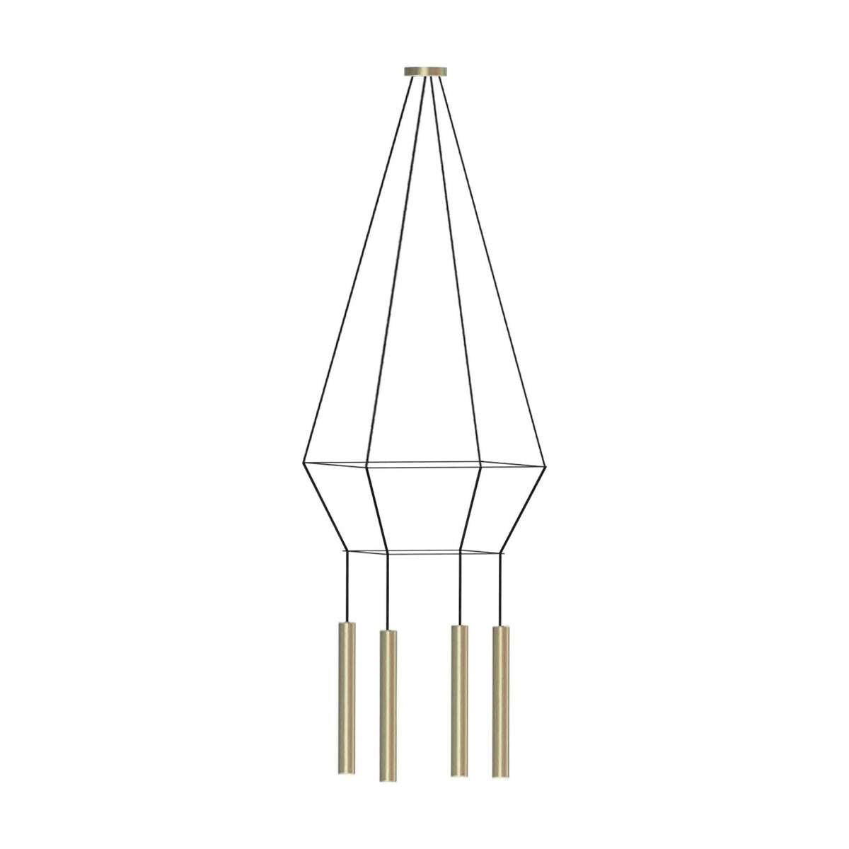 Rose Square 4 Light Cluster Chandelier in matt polished brass, with two tiered square wire frames and four slim cylindrical shades on black cable, shown against a plain white background.