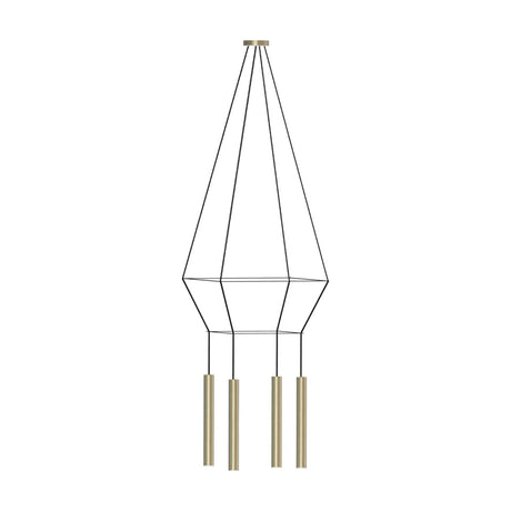 Rose Square 4 Light Cluster Chandelier in matt polished brass, with two tiered square wire frames and four slim cylindrical shades on black cable, shown against a plain white background.