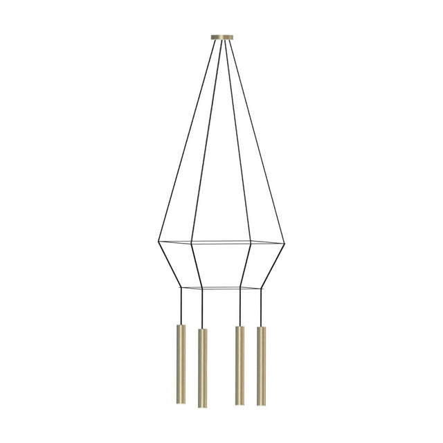 Rose Square 4 Light Cluster Chandelier in matt polished brass, with two tiered square wire frames and four slim cylindrical shades on black cable, shown against a plain white background.