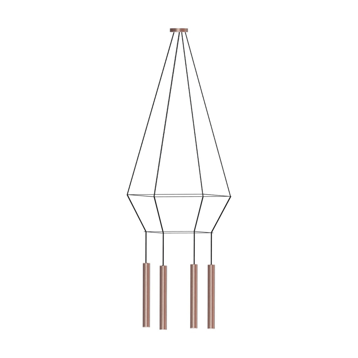Rose Square 4 Light Cluster Chandelier in copper, with a tapered black-wire frame forming two square tiers and four slim copper tube shades hanging below, shown on a white background.