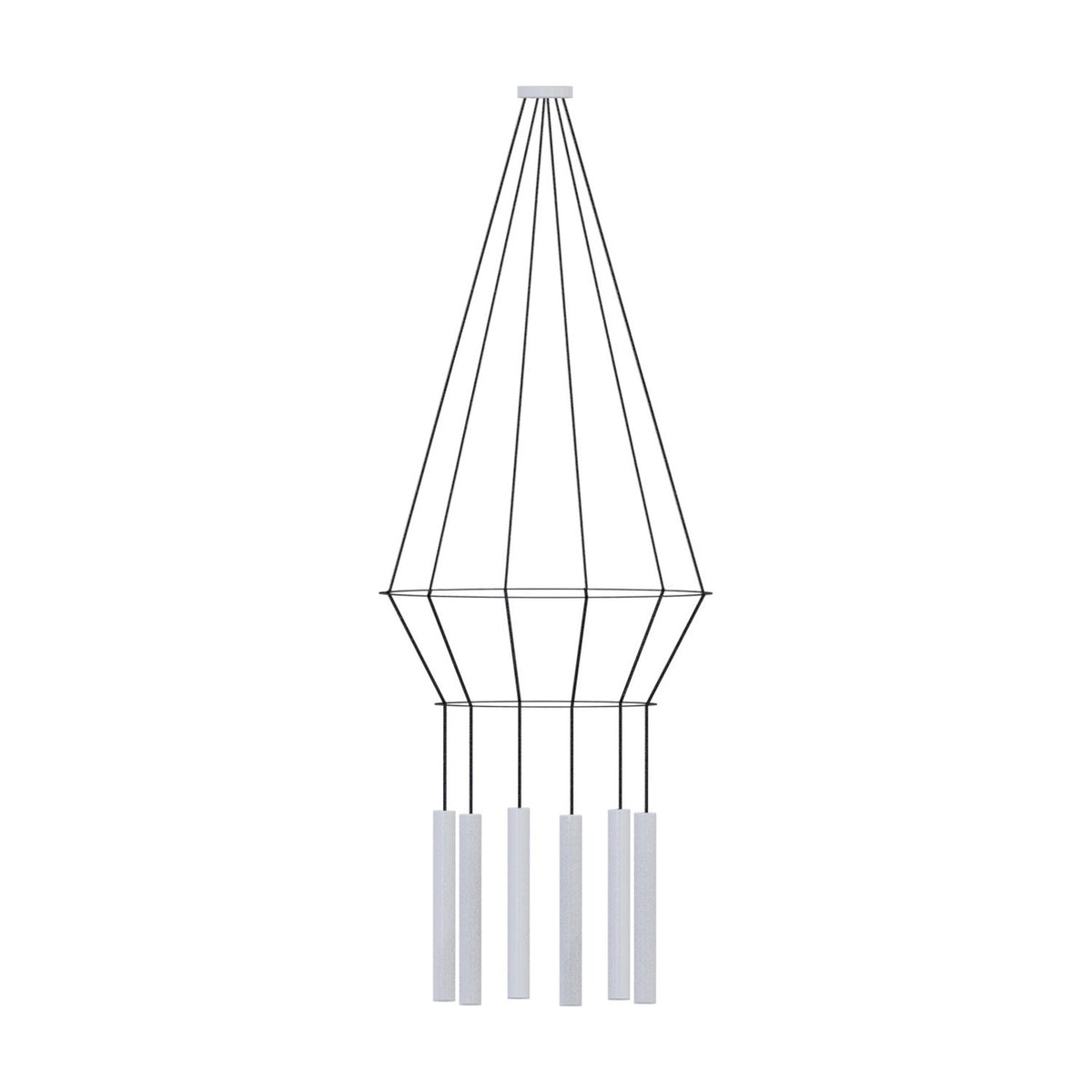 Rose Circular 6 Light Cluster Ring Chandelier in matt white, with slim tubular GU10 shades suspended beneath two wire rings on a plain white background.