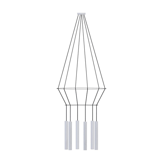 Rose Circular 6 Light Cluster Ring Chandelier in matt white, with slim tubular GU10 shades suspended beneath two wire rings on a plain white background.