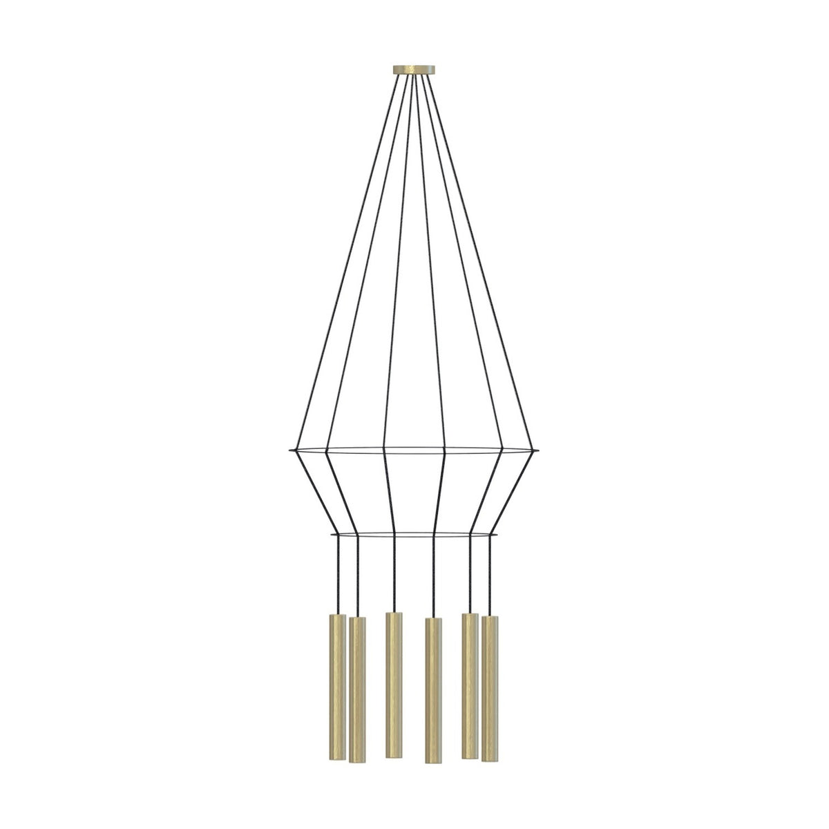 Rose Circular 6 Light Cluster Ring Chandelier in polished brass, with a tiered wire frame and six slim tube shades on a GU10 fitting, shown on a plain white background.