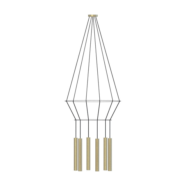 Rose Circular 6 Light Cluster Ring Chandelier in polished brass, with a tiered wire frame and six slim tube shades on a GU10 fitting, shown on a plain white background.