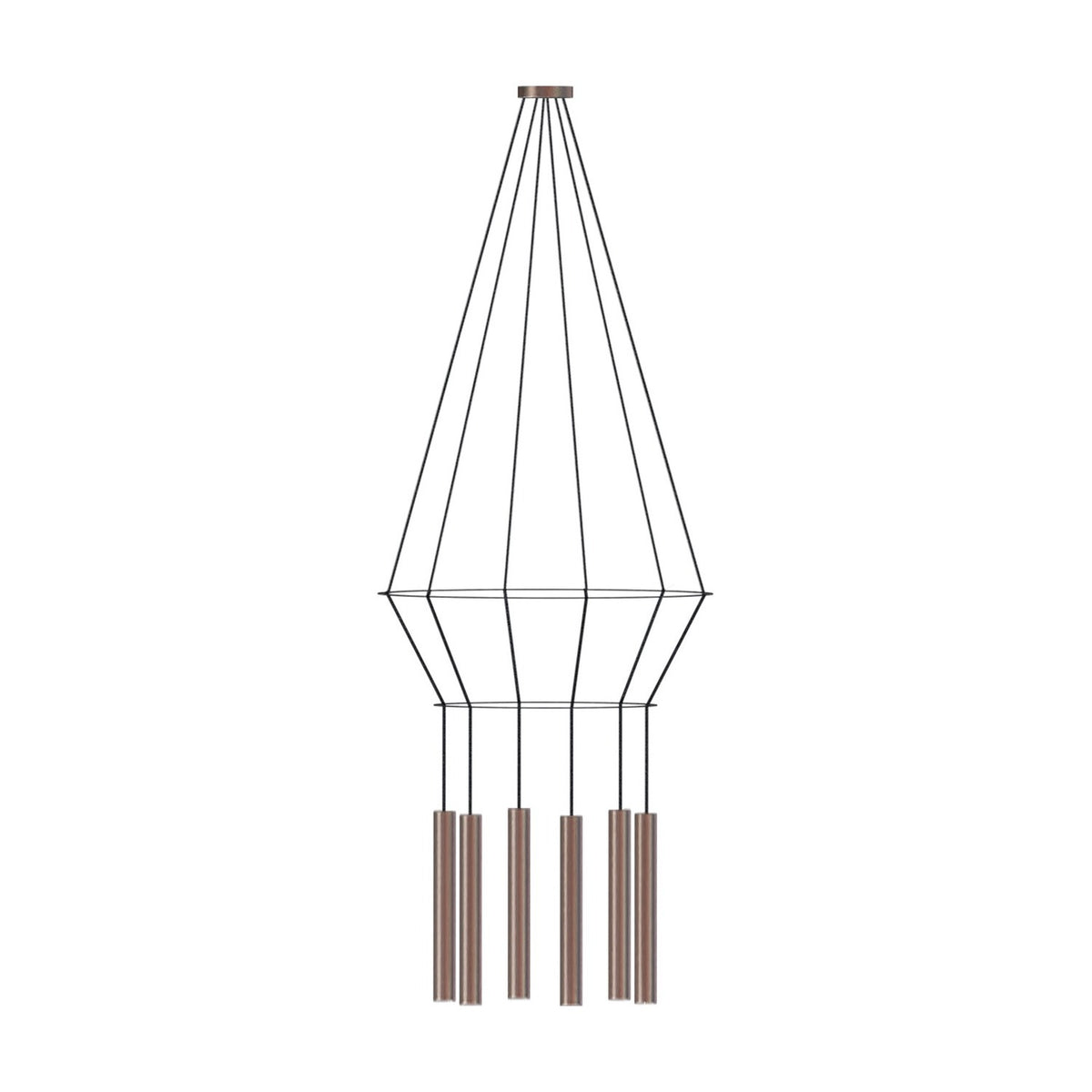 Rose Circular 6 Light Cluster Ring Chandelier in copper, with fine cables forming an open diamond frame above six slim cylindrical shades at varying heights, shown on a white background.