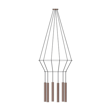 Rose Circular 6 Light Cluster Ring Chandelier in copper, with fine cables forming an open diamond frame above six slim cylindrical shades at varying heights, shown on a white background.