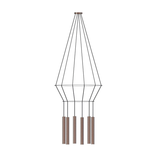 Rose Circular 6 Light Cluster Ring Chandelier in copper, with fine cables forming an open diamond frame above six slim cylindrical shades at varying heights, shown on a white background.