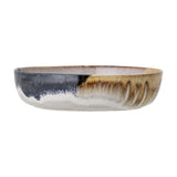 Jules Crackle Stoneware Bowl 25cm in Multi, a wide shallow ceramic serving bowl with a reactive crackle glaze in black, brown, and white tones, shown on a plain white background.