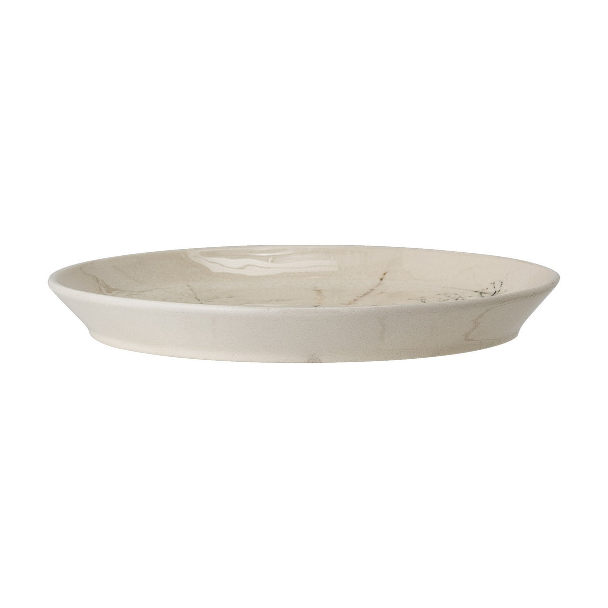 Bea Crackle Stoneware Dinner Plate in cream, round with a gently irregular rim, shown side-on against a plain white background to highlight its glossy crackled glaze and shallow depth.