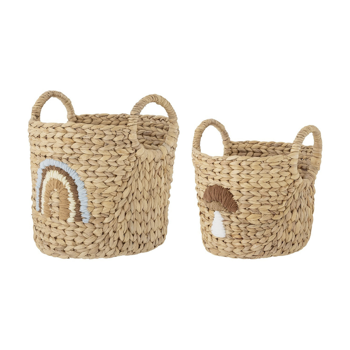 Agnes Water Hyacinth Baskets Set of 2 in beige, round woven storage with handles, one featuring a stitched rainbow motif and the smaller with a mushroom design, on a plain white background.
