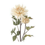Artificial chrysanthemum stem in cream with one large layered bloom and one smaller tighter flower head, branching stem with serrated green leaves, on a plain white background.