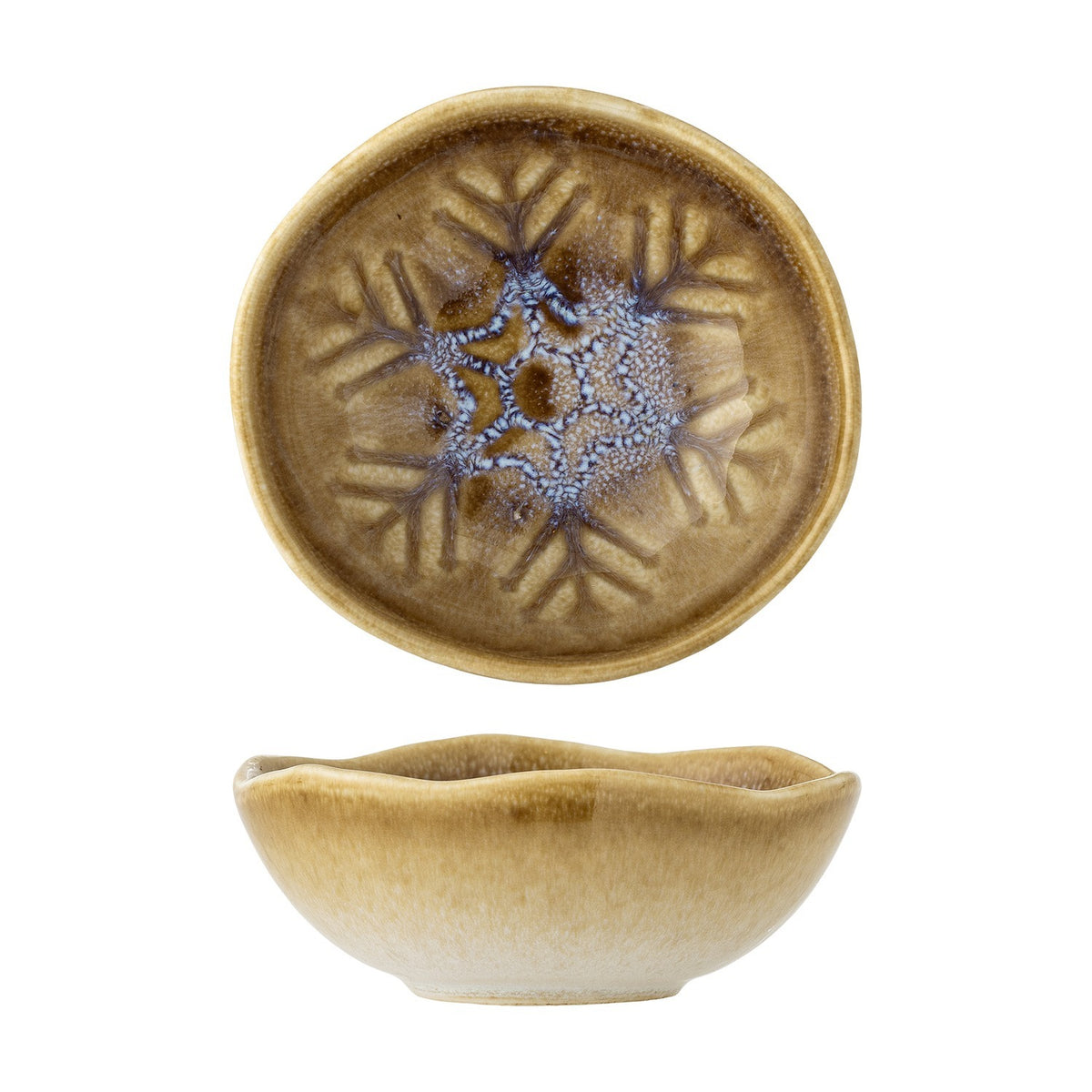 Acco Stoneware Christmas Bowl 12cm in brown, shown from above and in profile with a wavy rim and radiating frost-like glaze pattern on a plain white background.
