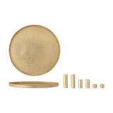 Maxime Iron Christmas Candle Holders Set of 7 in gold, showing a round textured tray with raised rim and six cylindrical holders of varying heights, on a white background.