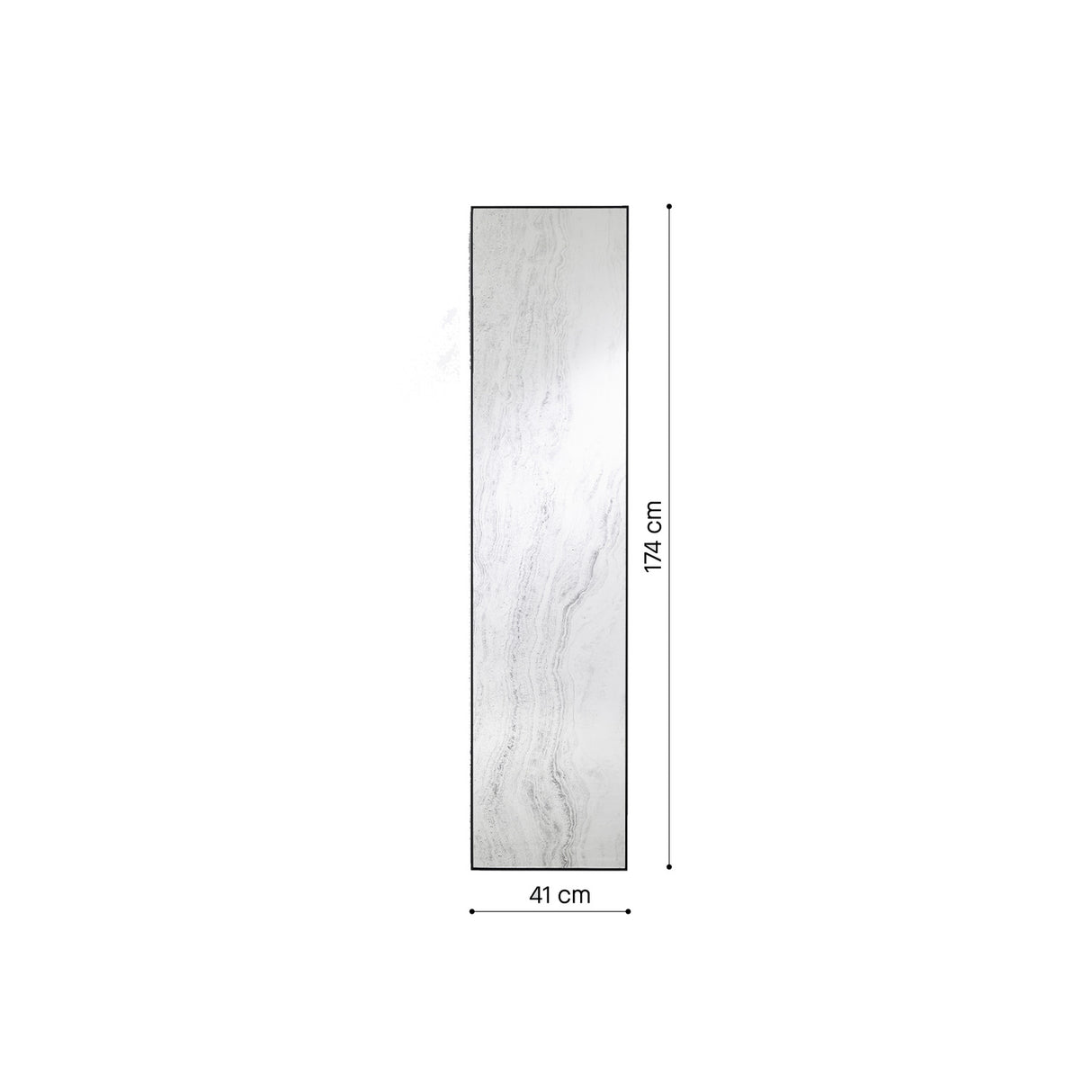Dimension drawing of the tall rectangular stone printed mirror, marked 41cm wide by 174cm high with a depth of 2cm.