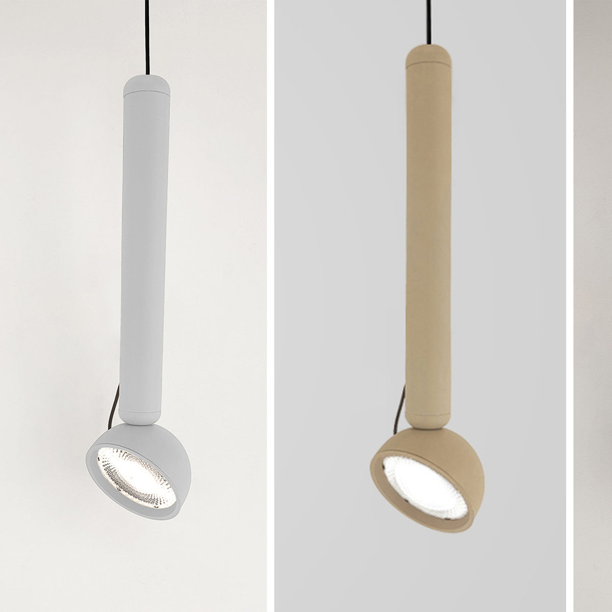 Berry S Aluminium LED Pendant Light in white and beige, slim tube design with angled domed head, shown side by side on a plain light background.