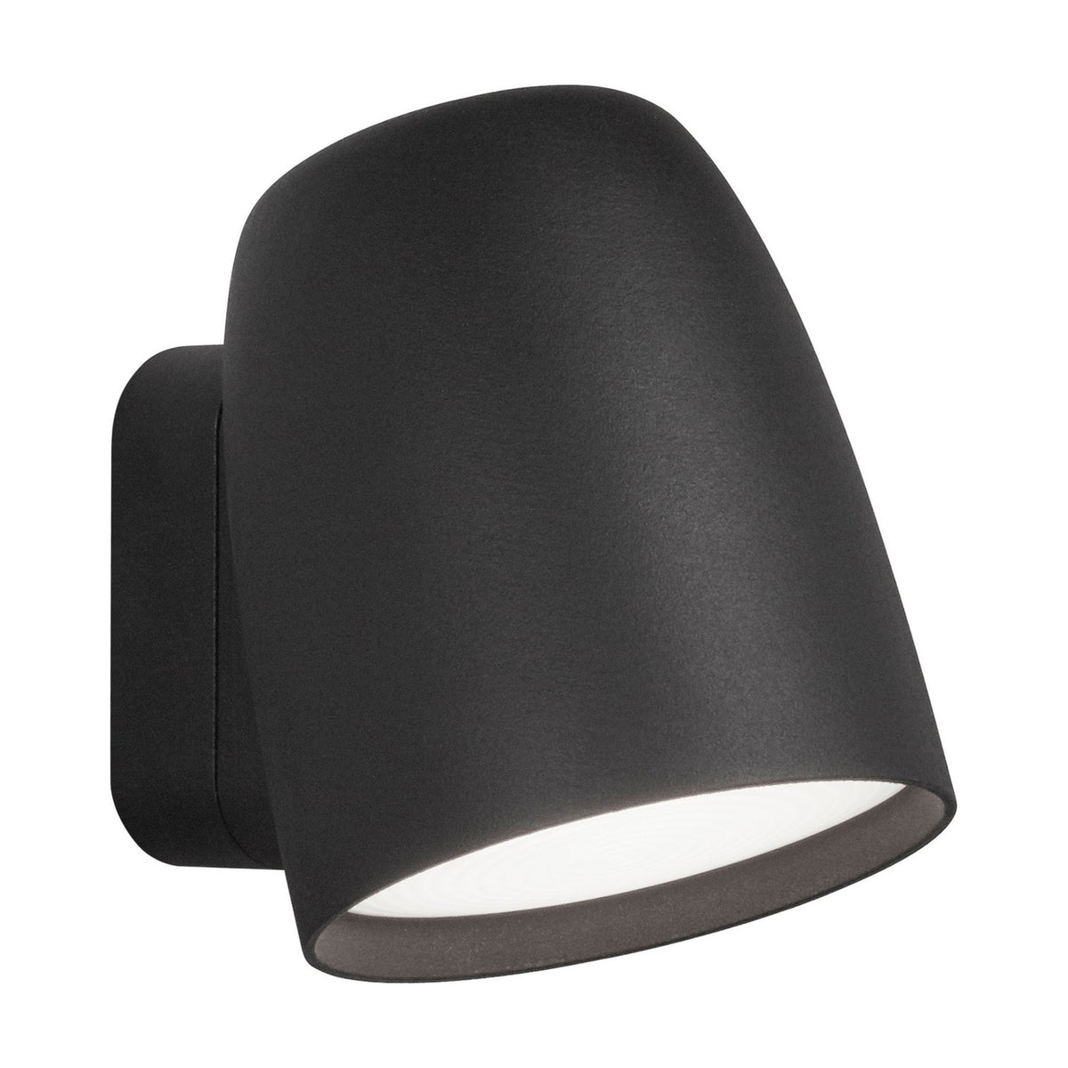 Nut A/01 outdoor wall light with a rounded, bell-shaped black head on a slim rectangular wall plate, integrated LED visible at the open end, shown on a plain white background.