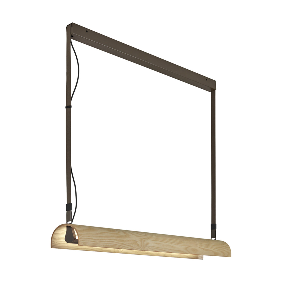 Aluet S/100 LED pendant light with a long half-round ash wood shade in beige, suspended by cords from a slim angled metal frame on a white background.
