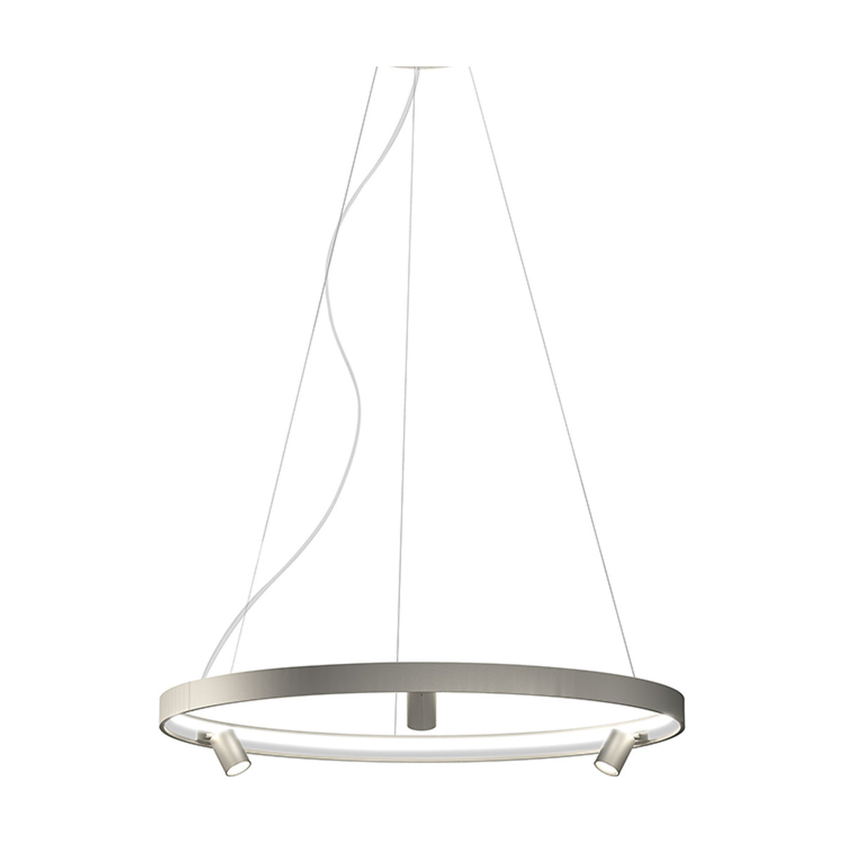 Arena Aluminium Ring LED Pendant Light, 98cm, brushed silver ring with integrated LED band and three small spot heads, suspended on fine wires, shown on a plain white background.