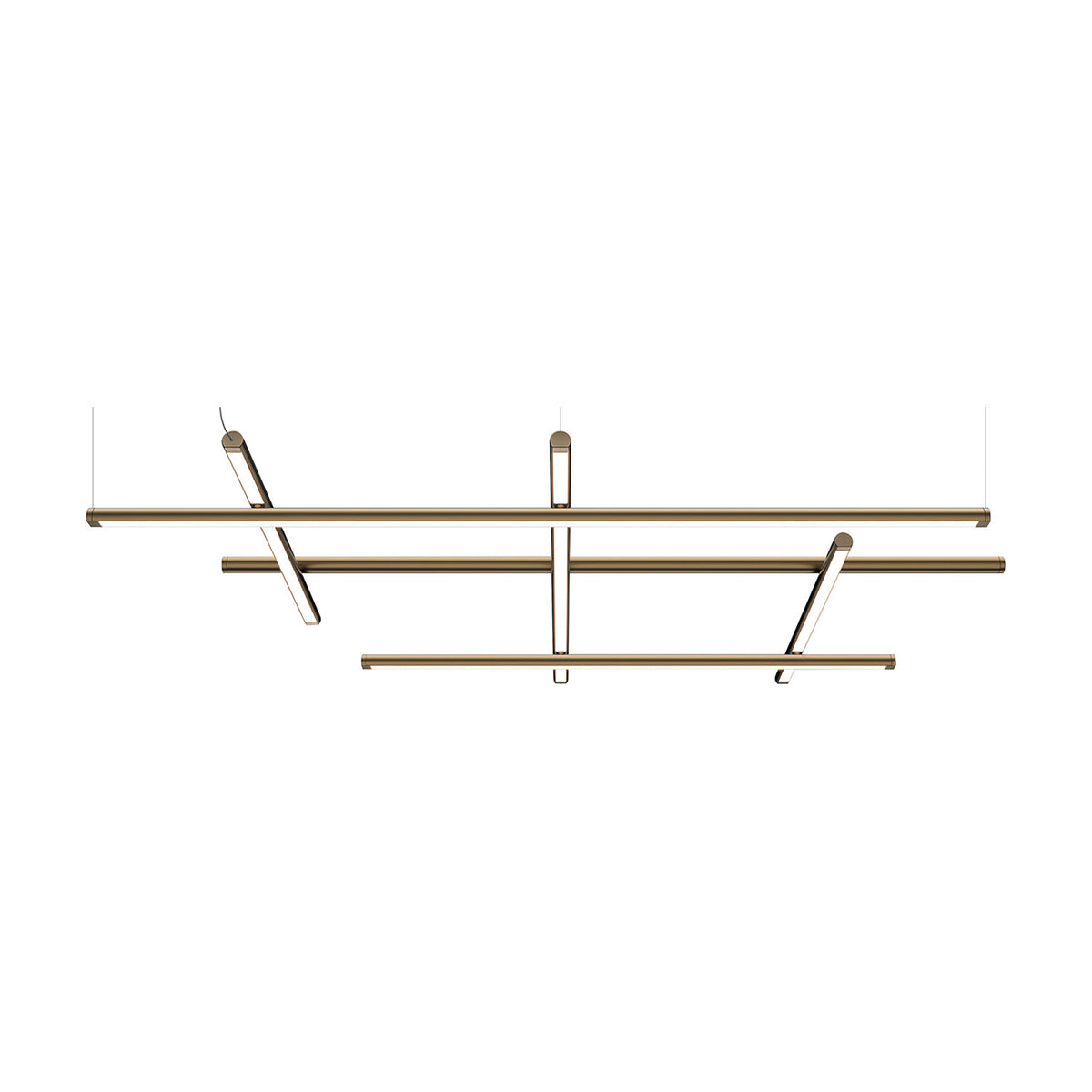 Hilow White Diffuser Frame LED pendant light featuring an open geometric frame of three horizontal bars crossed by three angled bars in a brushed brass finish, shown on a plain white background.