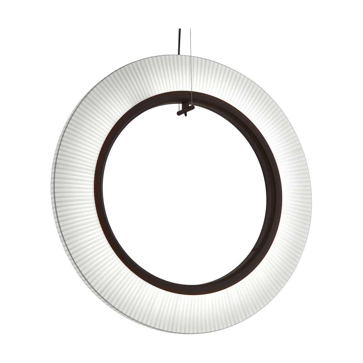 Roda S/90/V Ribbon Ring LED pendant light, a large circular fixture with finely pleated white translucent shade around a dark inner ring, suspended on thin cables against a plain white background.