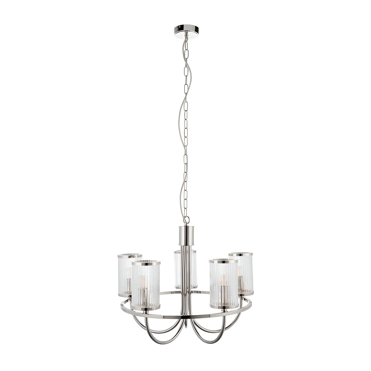 Endon Brenfield 5 light pendant in nickel with curved arms and clear ribbed cylindrical glass shades, suspended from a chain on a white background.