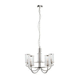 Endon Brenfield 5 light pendant in nickel with curved arms and clear ribbed cylindrical glass shades, suspended from a chain on a white background.