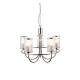 Endon Brenfield 5 light pendant in nickel with curved arms and clear ribbed cylindrical glass shades, suspended from a chain on a white background.