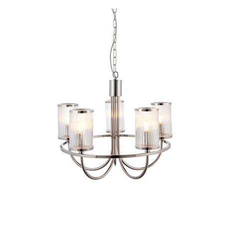 Endon Brenfield 5 light pendant in nickel with curved arms and clear ribbed cylindrical glass shades, suspended from a chain on a white background.