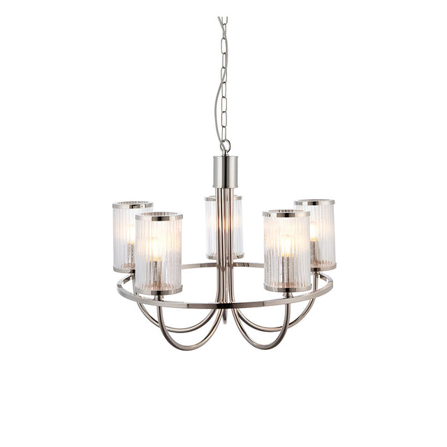 Endon Brenfield 5 light pendant in nickel with curved arms and clear ribbed cylindrical glass shades, suspended from a chain on a white background.