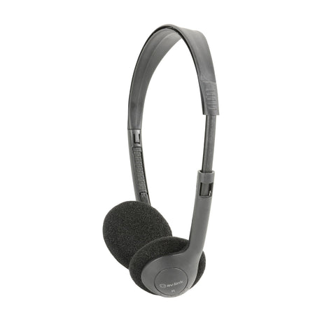 AV:Link lightweight stereo headphones in black with adjustable headband and foam-padded on-ear cups, shown on a plain white background.