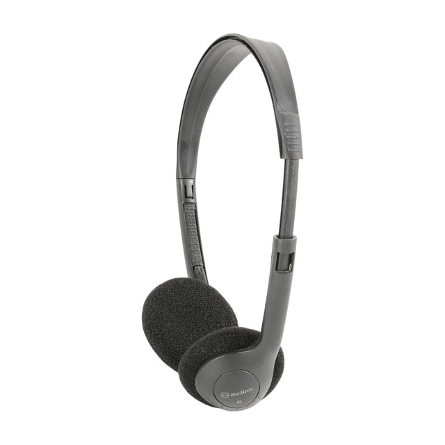 AV:Link lightweight stereo headphones in black with adjustable headband and foam-padded on-ear cups, shown on a plain white background.