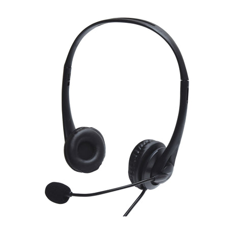 AV:Link multimedia headset in black with padded earcups, adjustable headband, omnidirectional boom microphone and wired lead, shown on a plain white background.