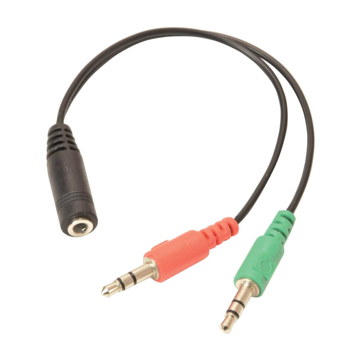 AV:Link 3.5mm splitter cable with black female socket and red and green male plugs for separate PC audio and microphone connections, on white.