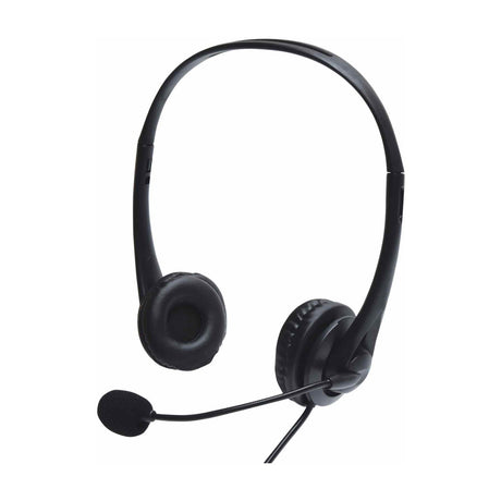 AV:Link USB multimedia headset in black with adjustable headband, padded on-ear cups, omnidirectional boom microphone and inline control, on white.