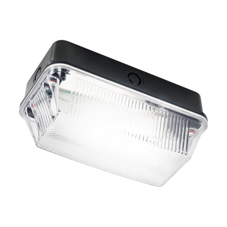 A "60W Outdoor Bulkhead - Black" features a rectangular LED wall pack light, made from durable black polycarbonate with a clear prismatic lens and an elegant design, set against a white background. The light is lit up, highlighting its vibrant glow.